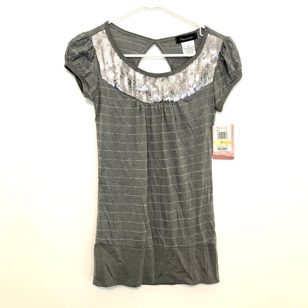 NEW NWT FLEURISH Gray Metallic Striped Sequin Short Sleeve Y2K Blouse JUNIORS S